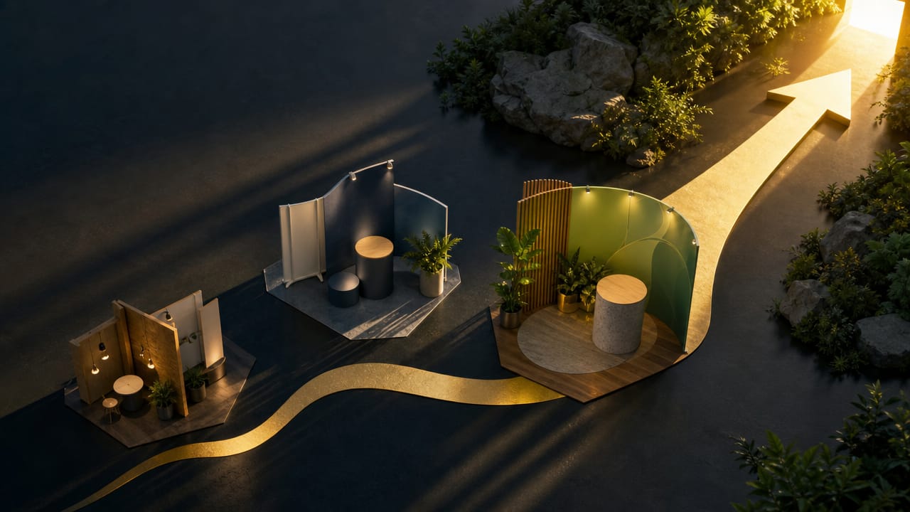 Modern Australian expo stand using bold lighting and eye-catching exhibition graphics to attract visitors
