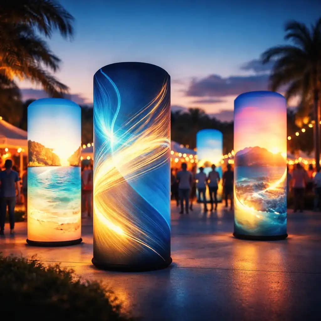 WaveLight Air Towers used as LED illuminated inflatable columns to attract trade show attendees with bright branding