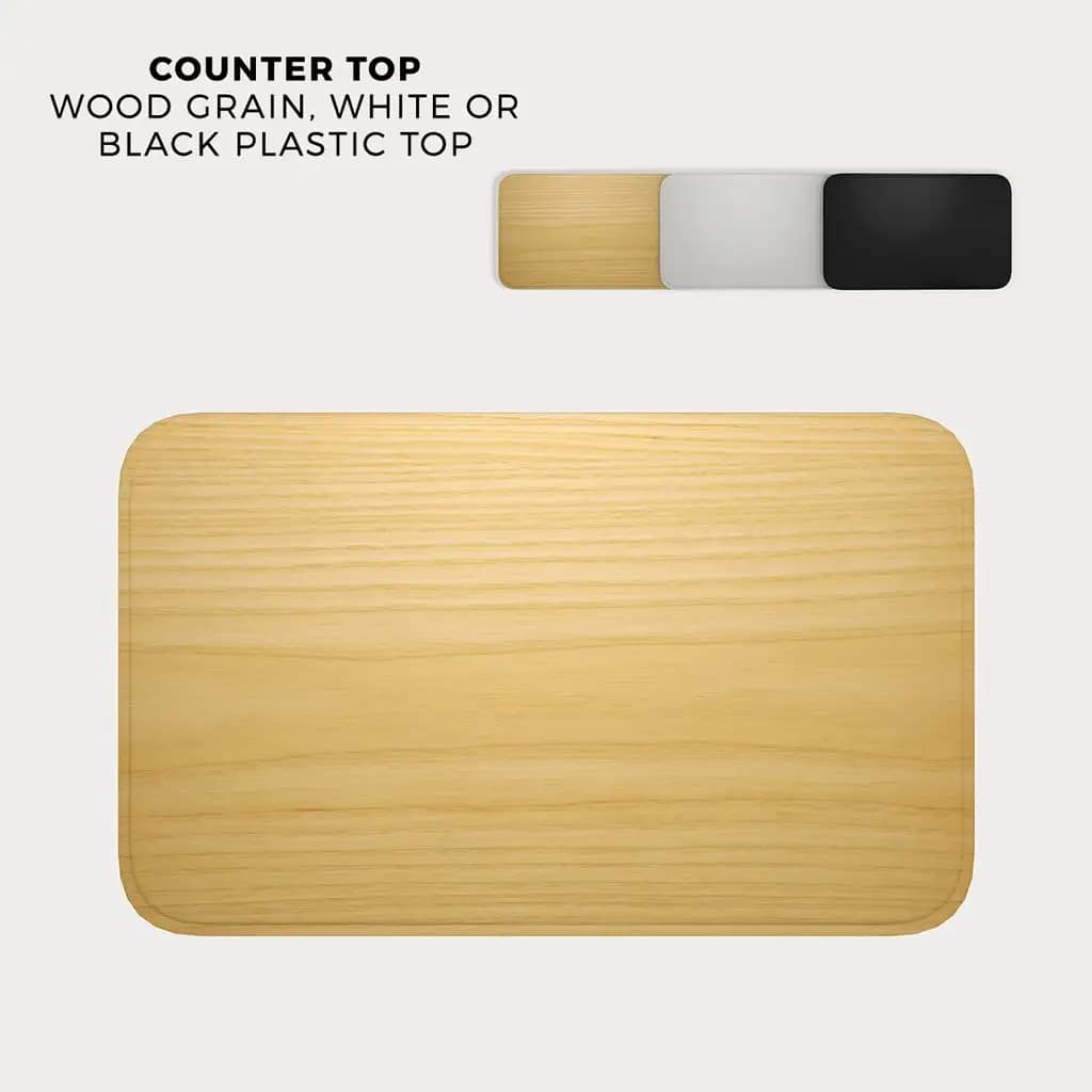 Countertop options for WaveLight® Air Counters, showcasing wood grain, white, and black finishes for customizable displays.