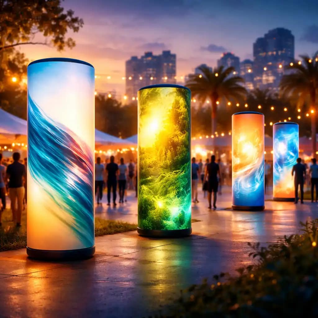 Trade show booth using WaveLight Air Towers with LED illumination and bold branded graphics