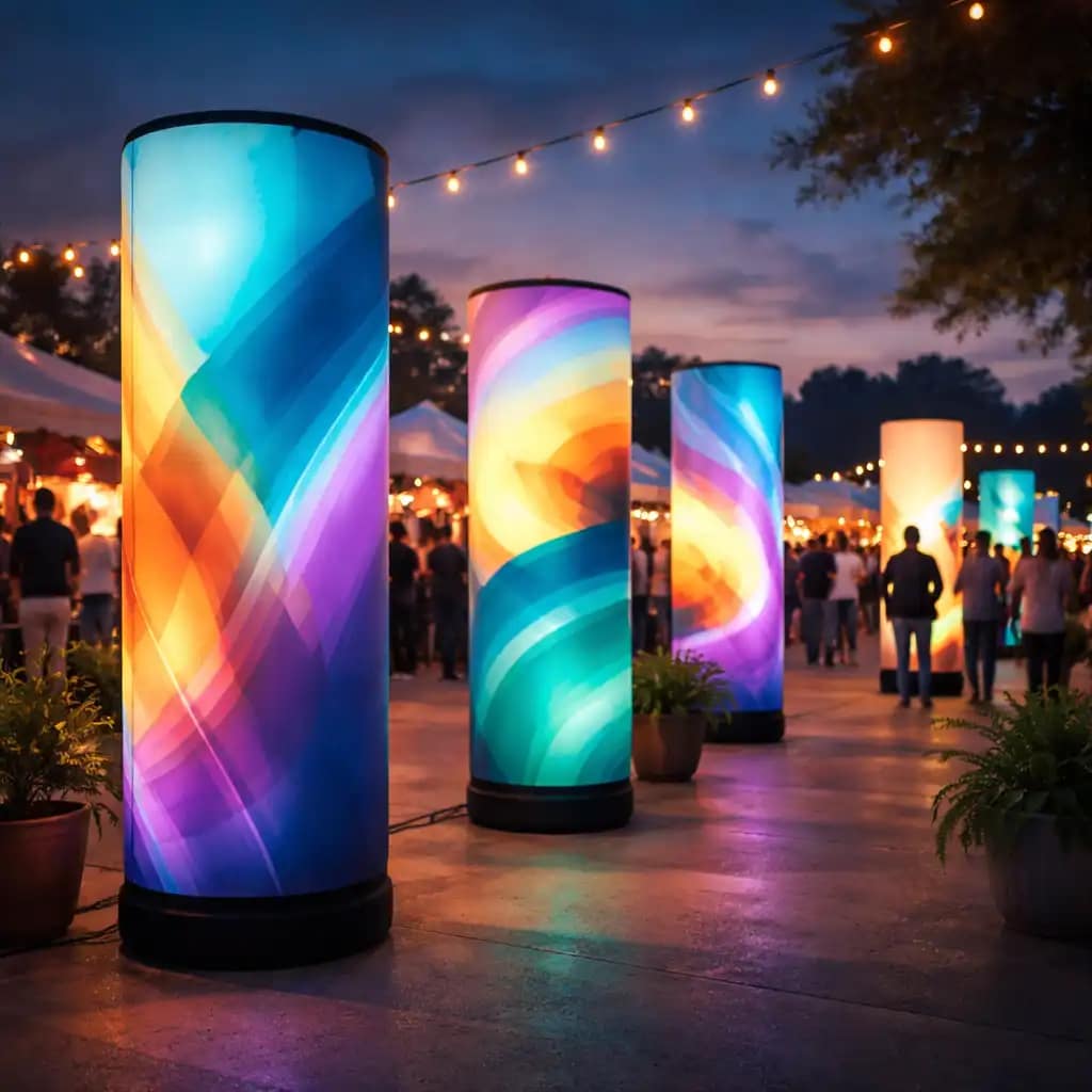 WaveLight Air Towers LED illuminated inflatable towers creating 360-degree branding at a trade show booth