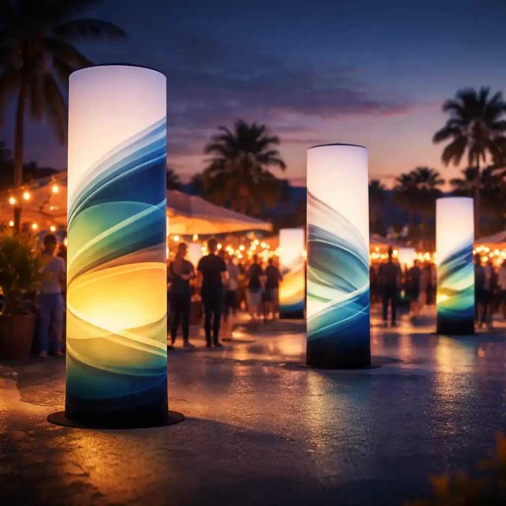 WaveLight Air Towers displays with 360 degree illumination enhancing event branding in a trade show environment