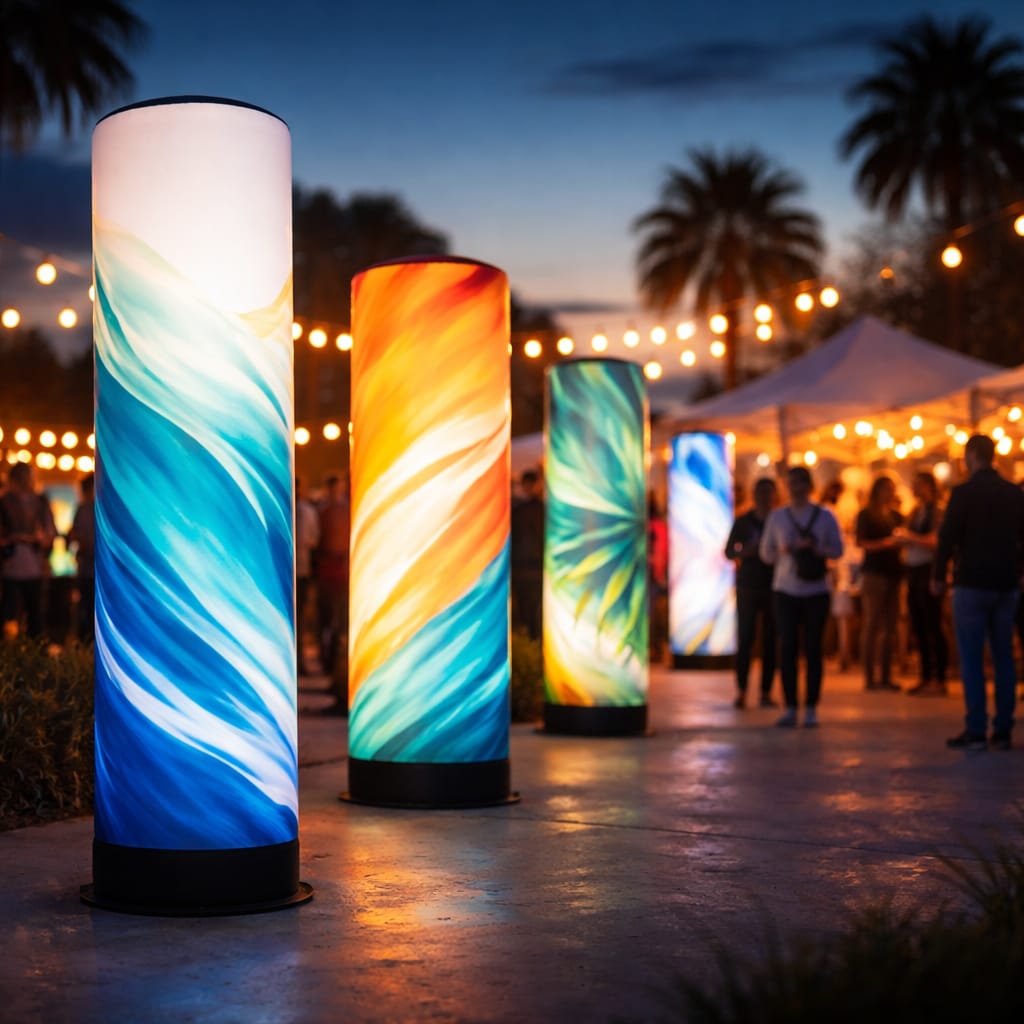 WaveLight Air Towers with custom printed graphics create glowing branded columns at an indoor event