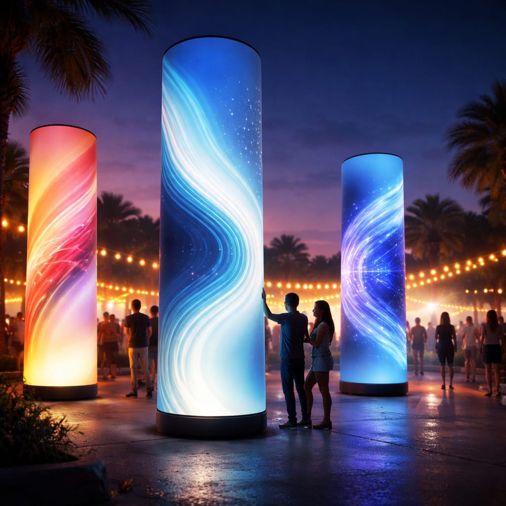 WaveLight Air Towers creating illuminated inflatable branding for a trade show entrance