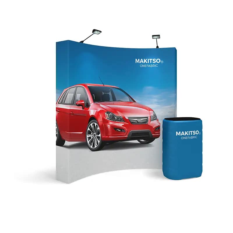 Curved OneFabric® Pop-Up Banner showcases vibrant graphics, enhancing visual impact for event marketing tools.