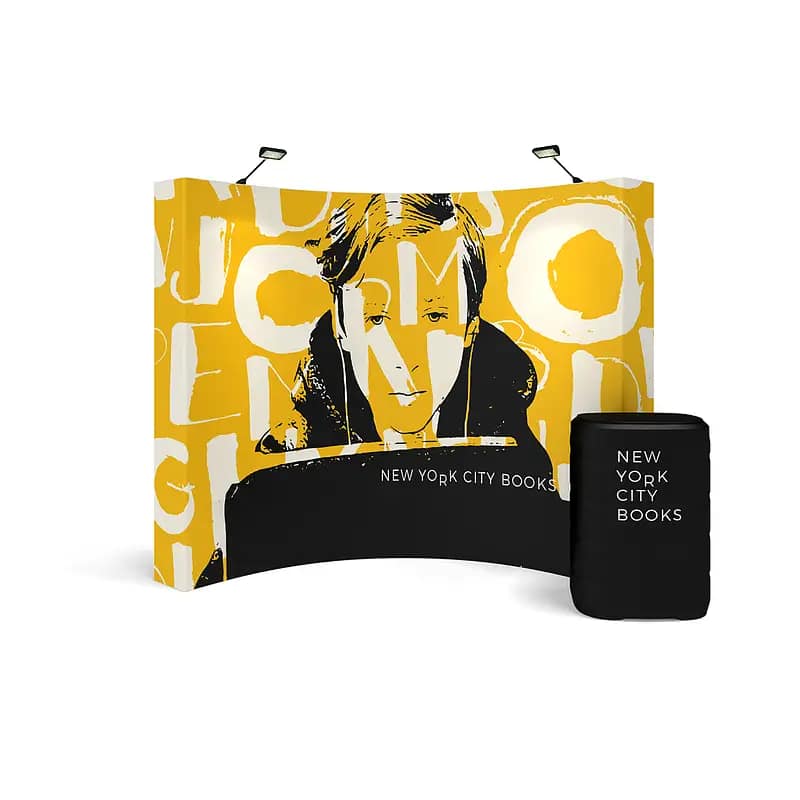 Custom fabric display showcasing a vibrant design, highlighting the advantages of OneFabric® Pop-Up Banners for event