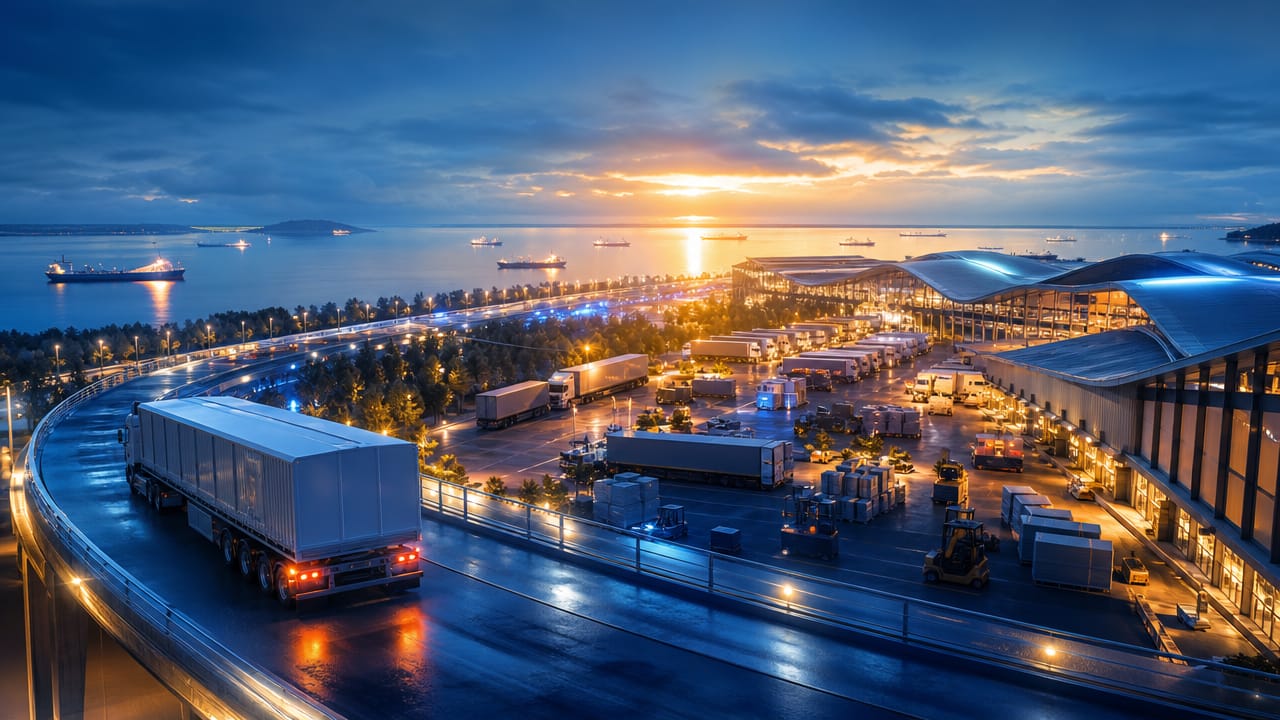 Forklift unloading exhibition freight at a busy Australian convention centre loading dock