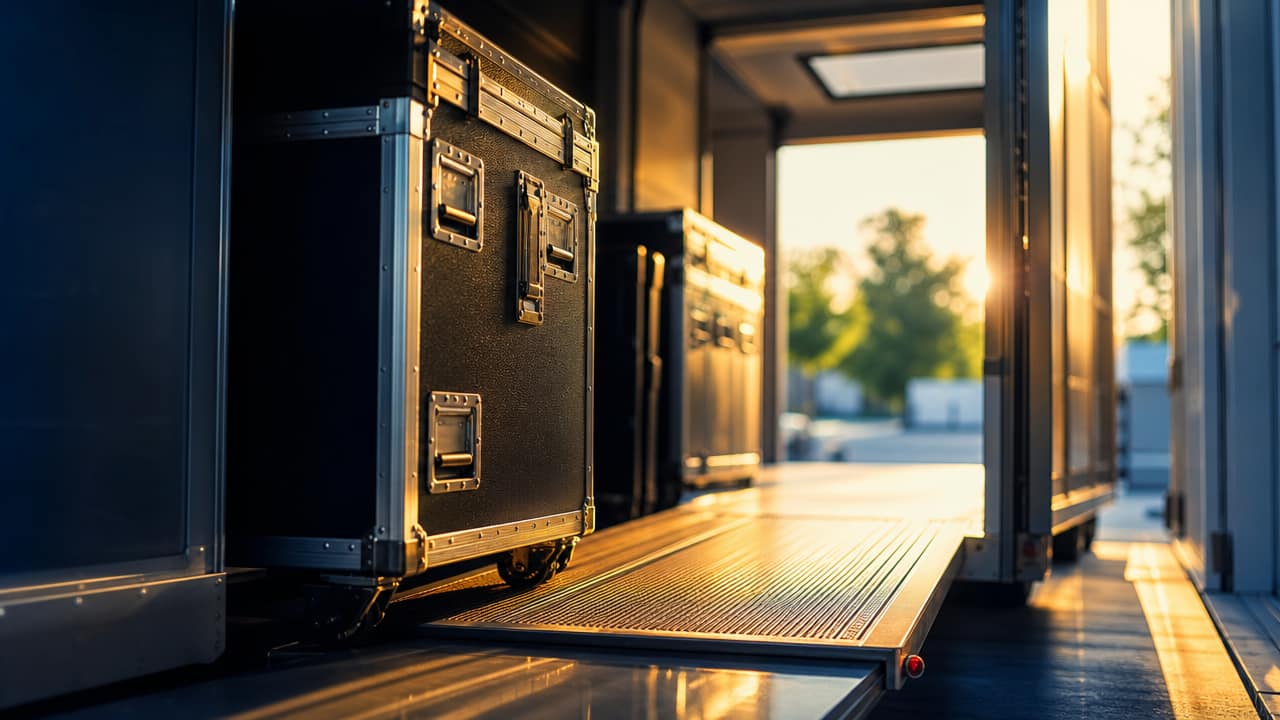 Exhibition freight trucks queued at venue loading dock during bump-in operations