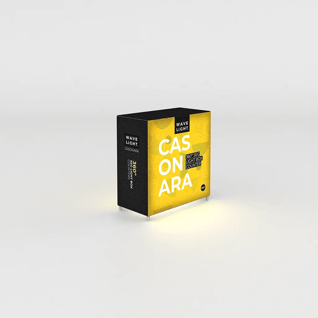 Illuminated WaveLight® Casonara Counter showcasing vibrant branding, ideal for attracting attention at trade shows.