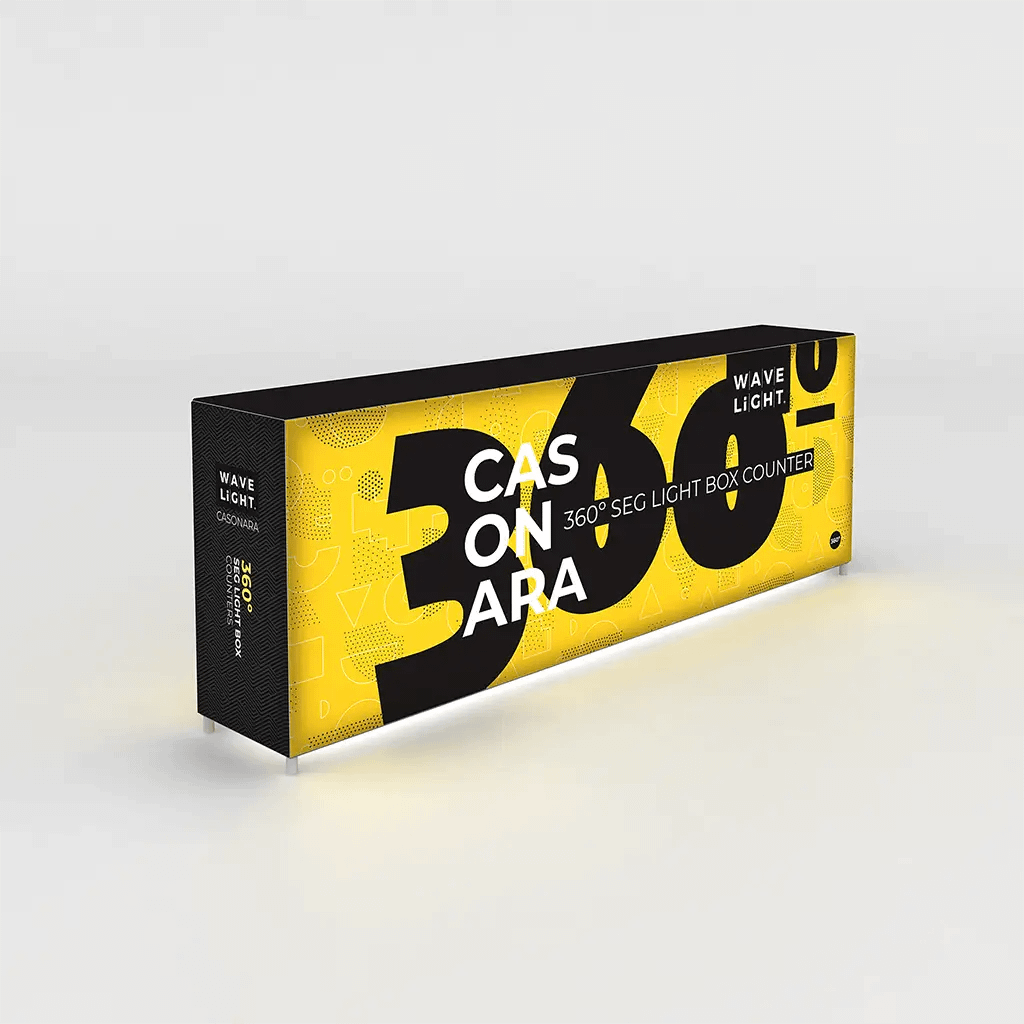 Illuminated WaveLight® Casonara counter showcasing vibrant graphics, ideal for impactful event displays and branding.
