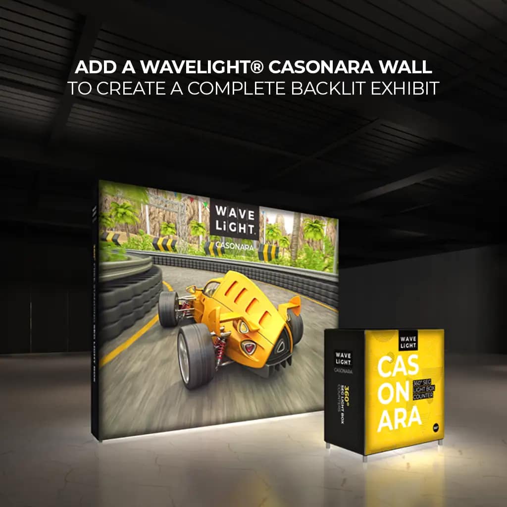 Illuminated WaveLight® Casonara counter and wall display enhance branding for portable trade show setups in 2026.