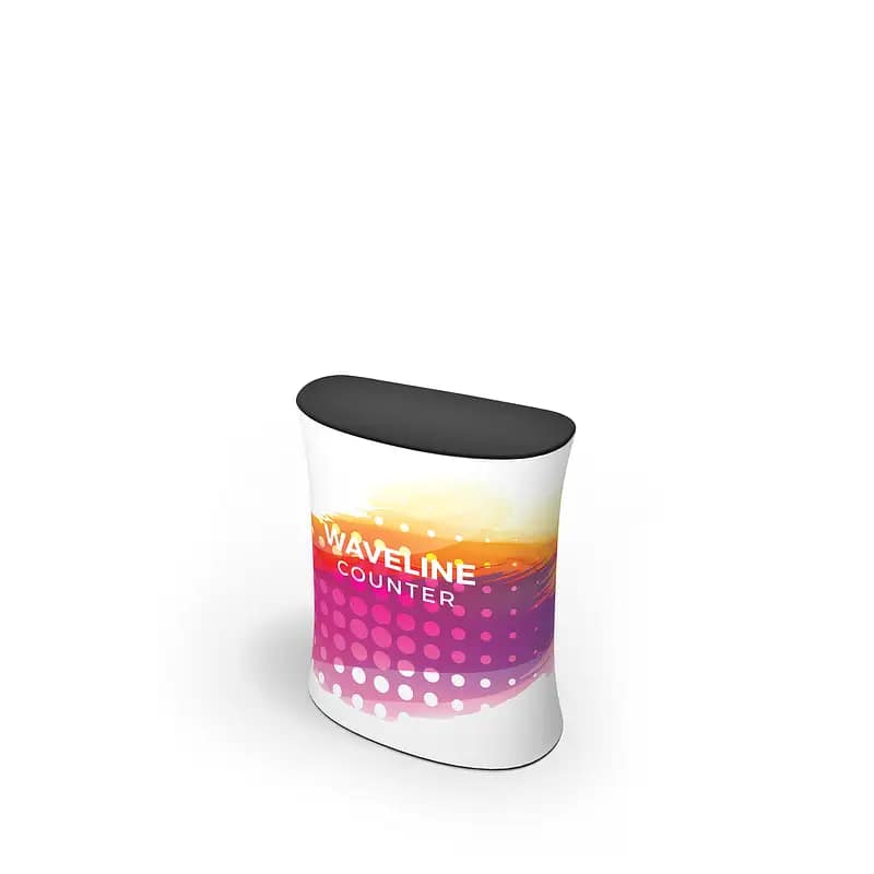 Portable WaveLine® Counter showcasing vibrant graphics, ideal for trade shows and custom display solutions.