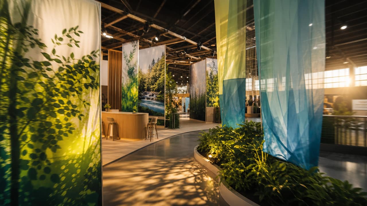 Trade show shell scheme booth using layered banners and lighting for strong branding