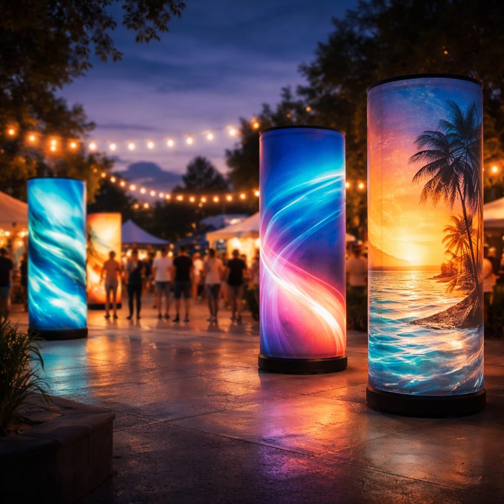 WaveLight Air Towers illuminated at an event