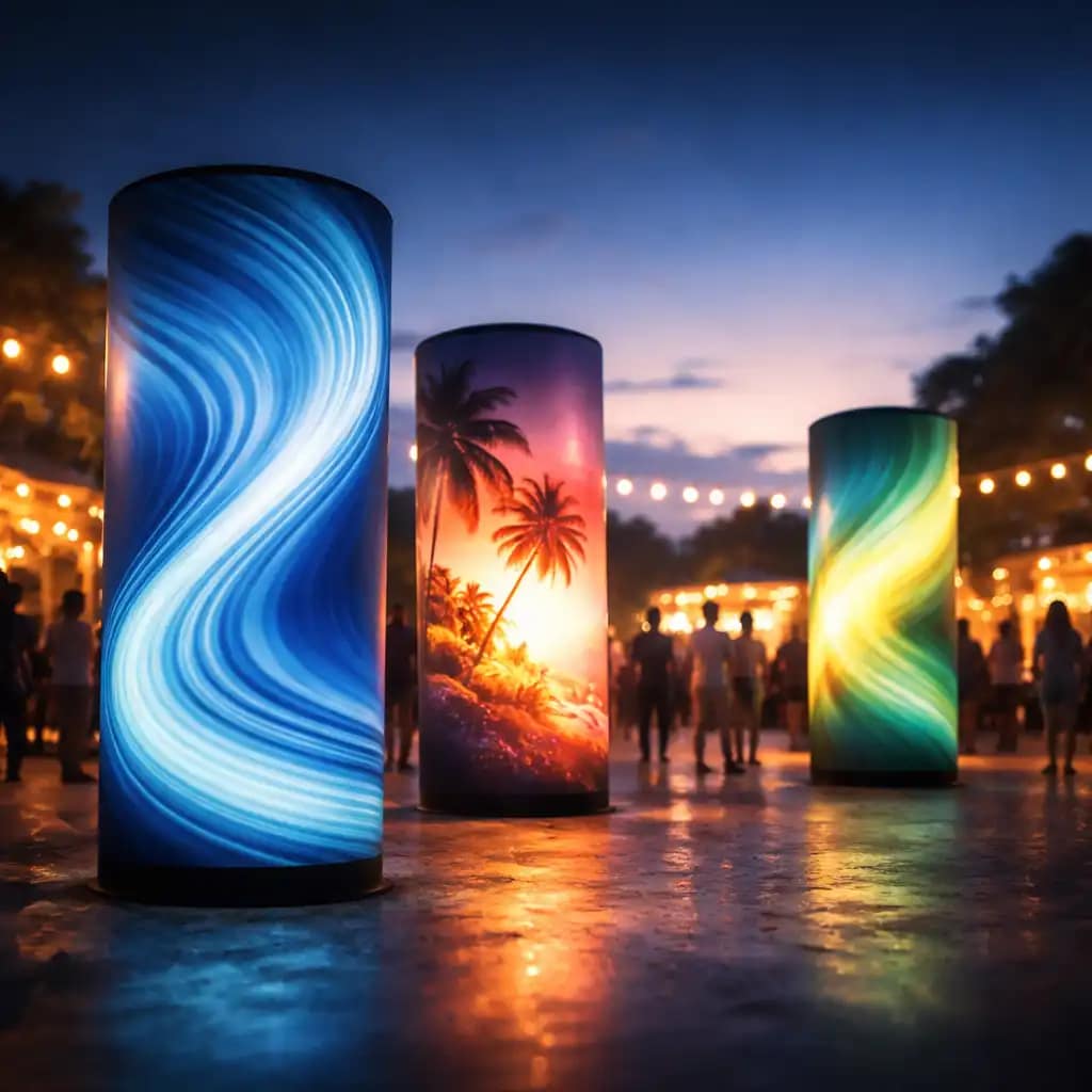 WaveLight Air Towers used as illuminated inflatable brand columns in a busy trade show booth to boost engagement
