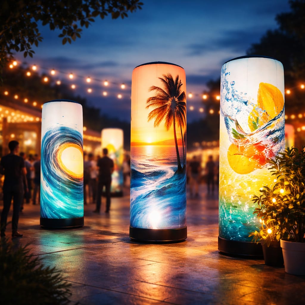 WaveLight air tower branding in a trade show booth with illuminated inflatable advertising columns