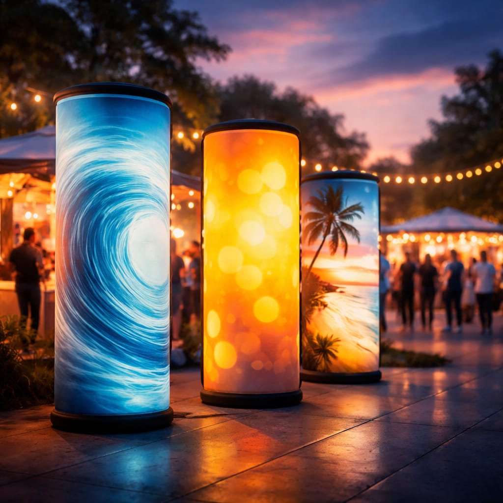 WaveLight Air Towers illuminated at an event