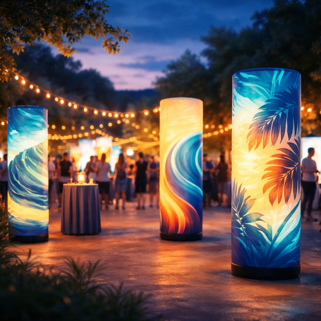 WaveLight air tower displays glowing with branded graphics as immersive inflatable signage at an event