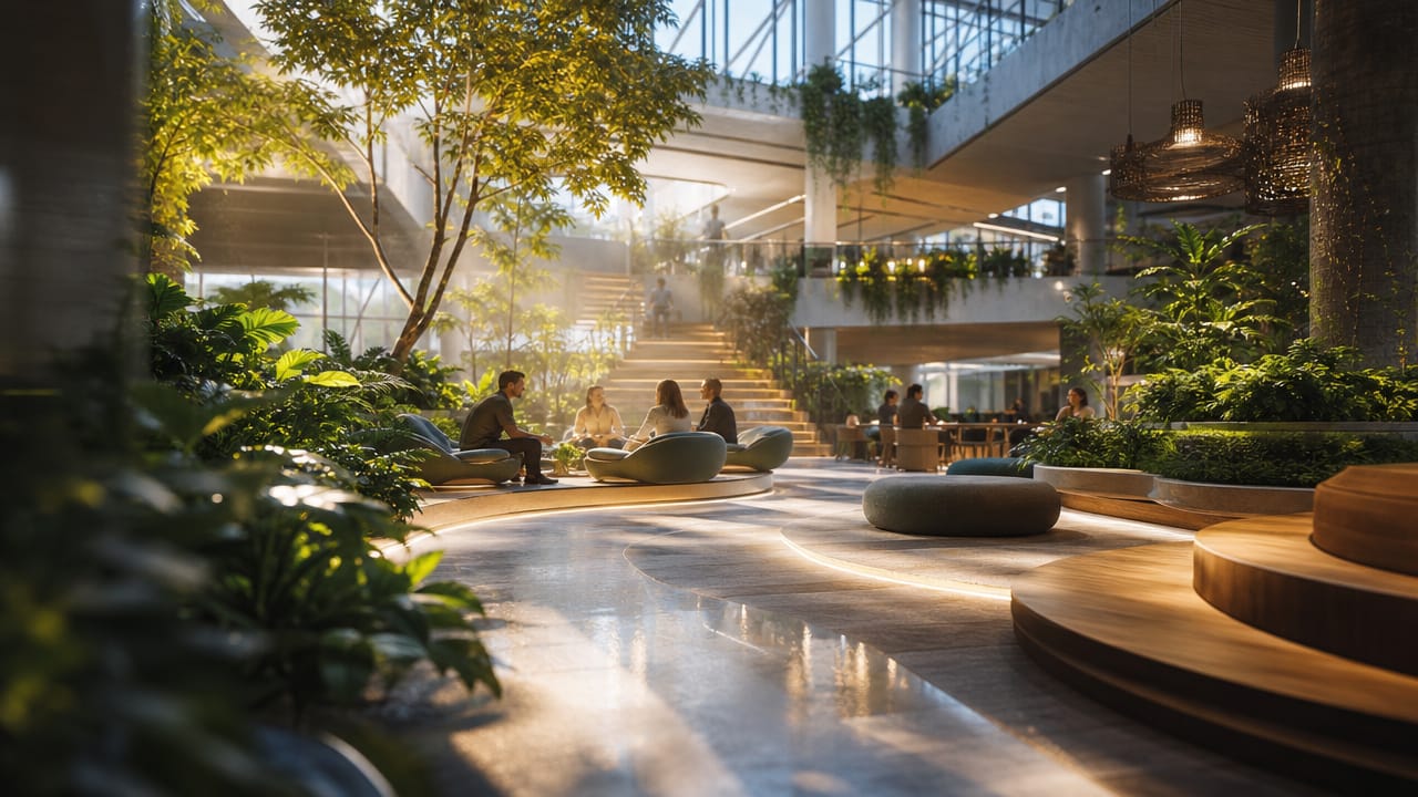 Australian exhibition stand with networking zones, biophilic design and collaborative seating for business events