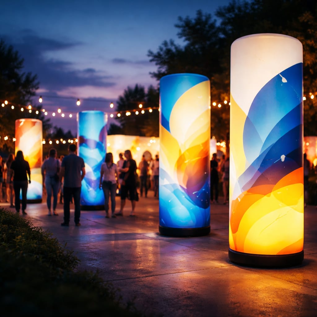 WaveLight Air Towers glowing at a branded event space