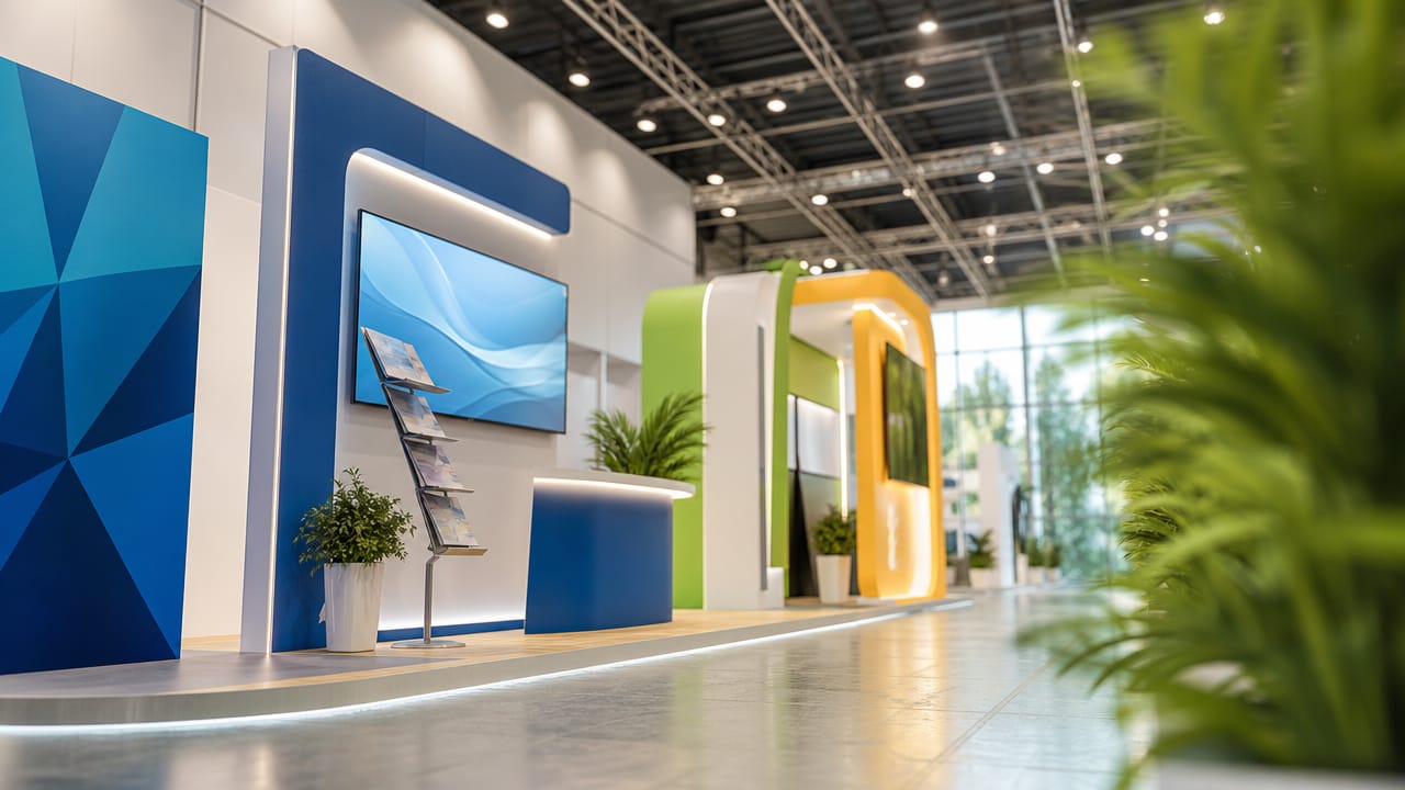 Australian shell scheme booth with portable fabric walls, counter and backlit display for trade show branding