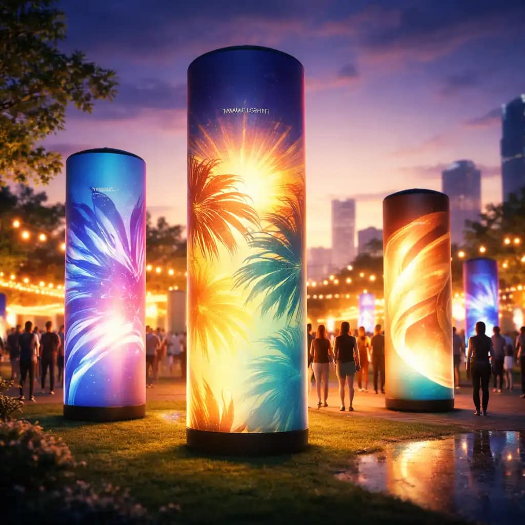 Trade show booth using WaveLight Air Towers as illuminated inflatable brand signage