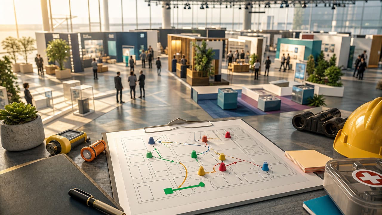 Risk-focused trade show team reviewing safety controls and Exhibition Stand Planning documentation