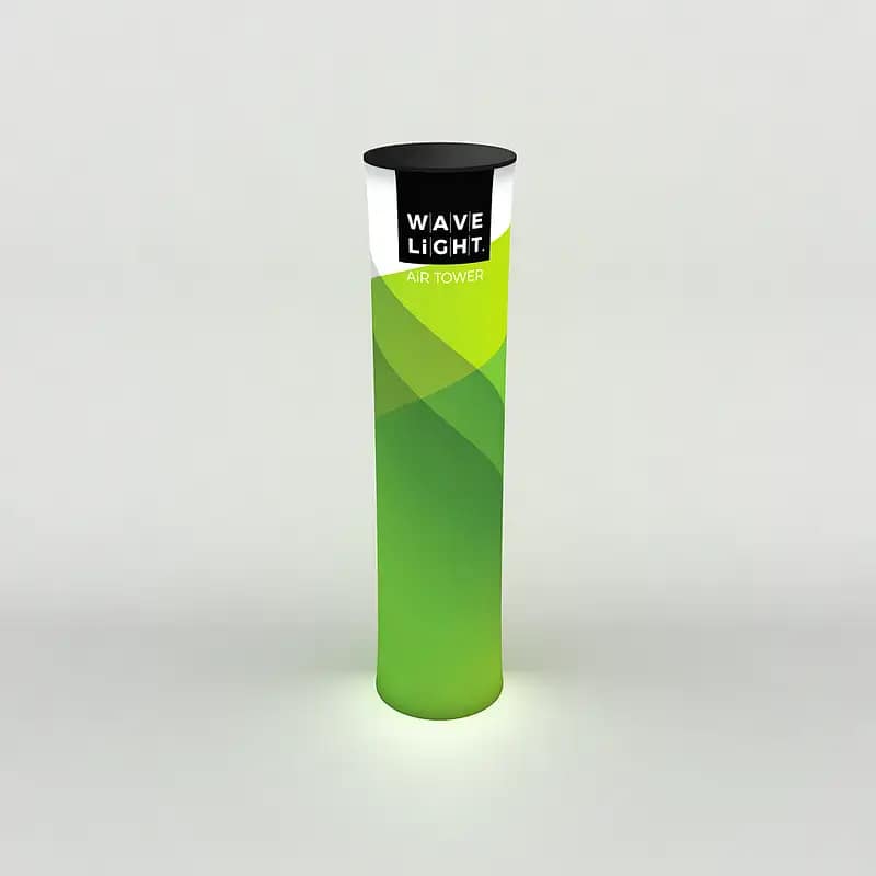 Brightly lit WaveLight® Air Tower showcasing vibrant graphics, essential for impactful portable advertising solutions.