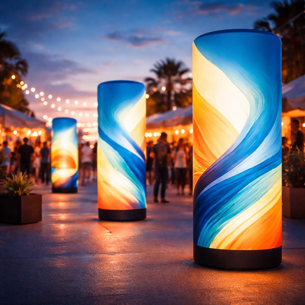 WaveLight Air Towers inflatable backlit towers highlighting branded graphics at a trade show