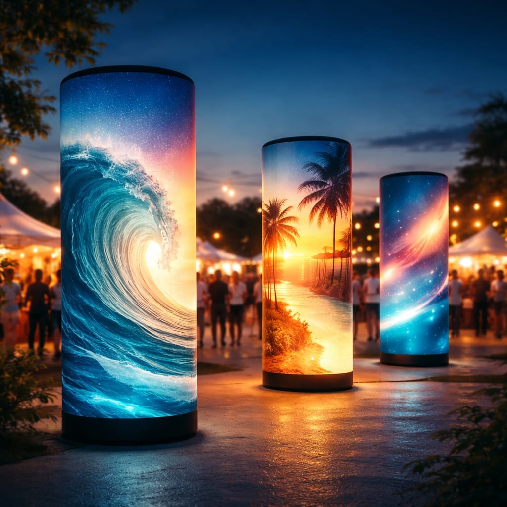 WaveLight Air Towers glowing at an indoor event