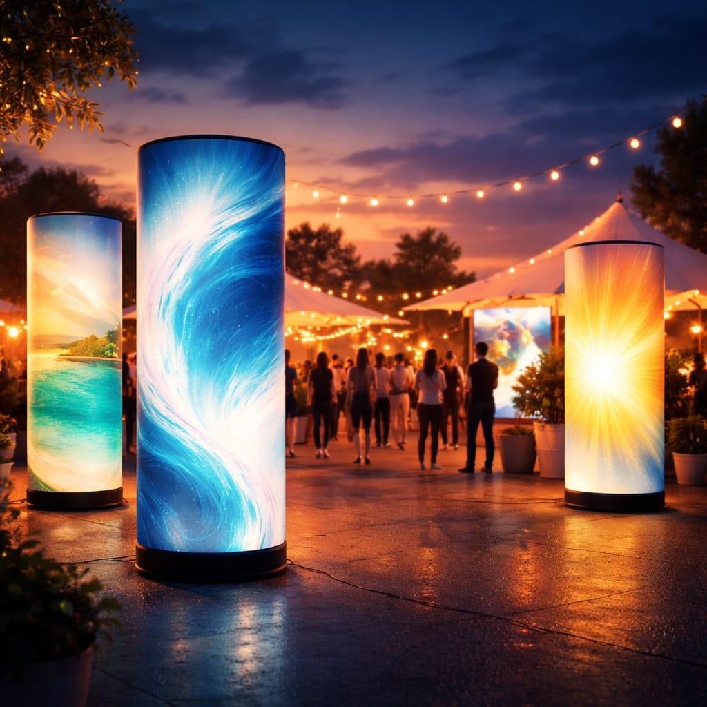 WaveLight Air Towers inflatable backlit towers creating illuminated branding at a trade show event