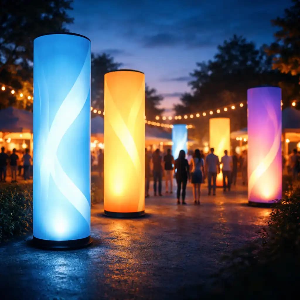 WaveLight Air Towers creating dynamic illuminated branding at a modern event entrance