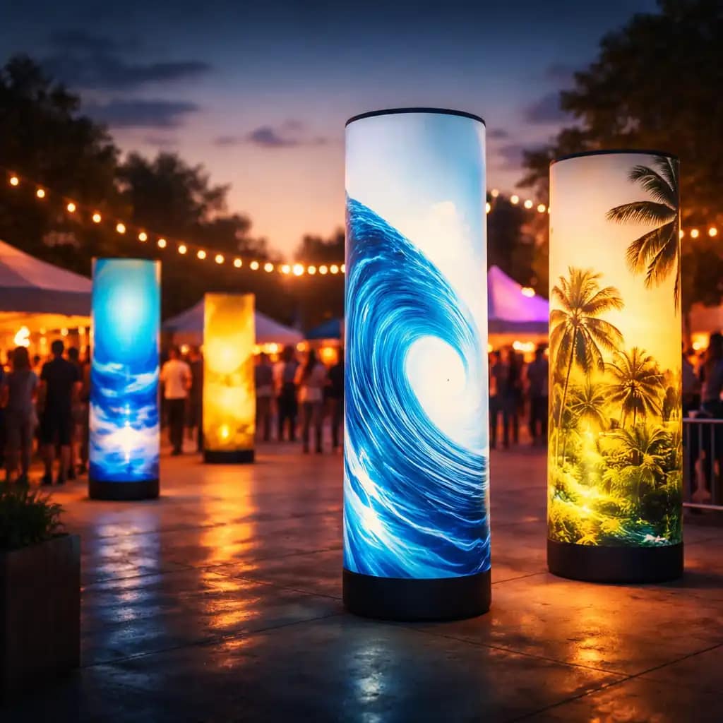 WaveLight Air Towers with custom printed inflatable light towers showcasing bright LED branding at a trade show