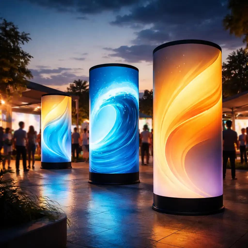 WaveLight Air Towers glowing as inflatable backlit towers in a branded trade show booth