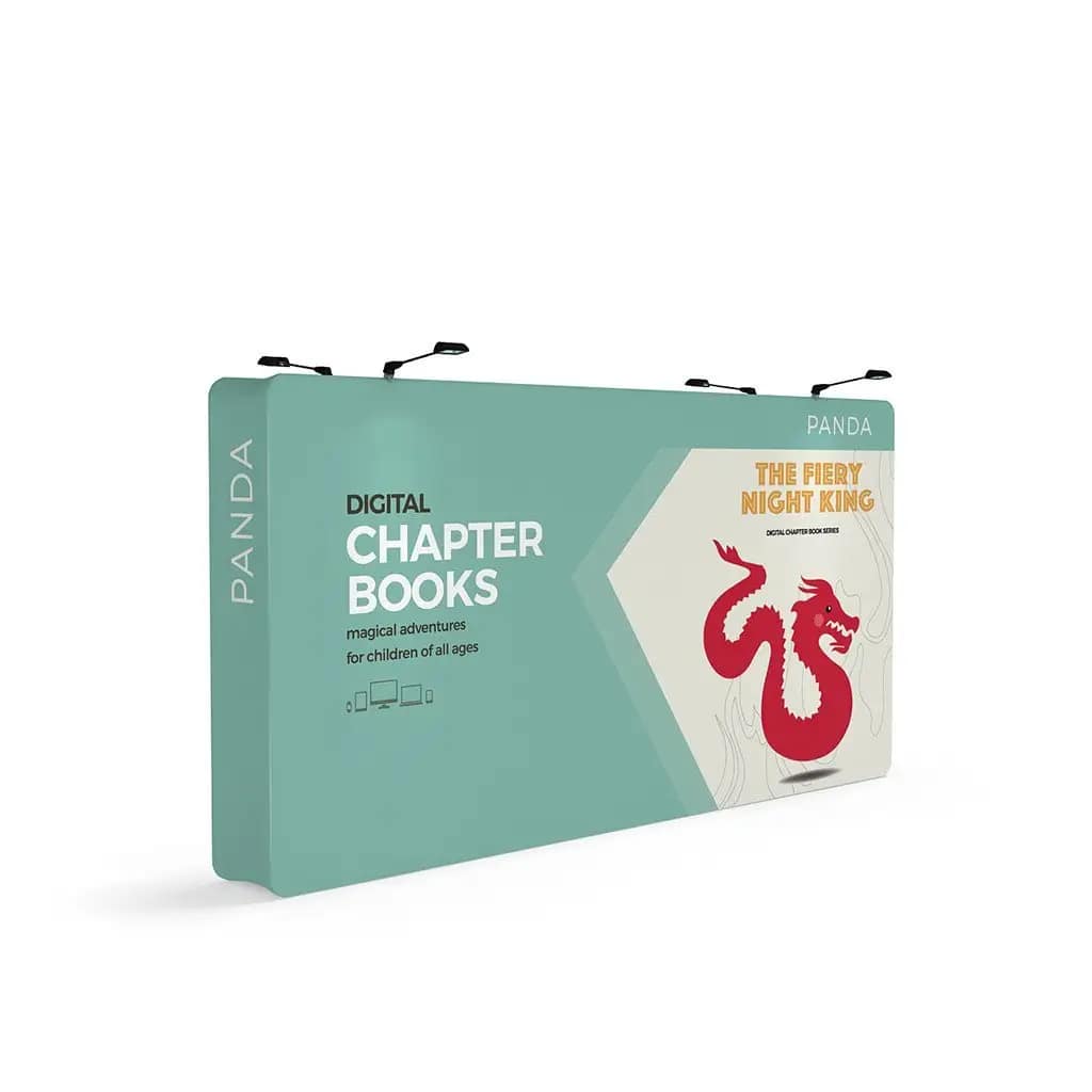 Custom fabric display showcasing digital chapter books, highlighting portable advertising solutions for events.