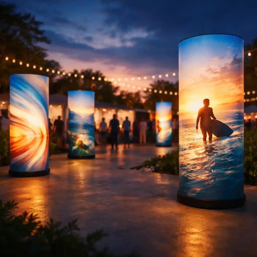WaveLight Air Towers creating illuminated inflatable signage displays at a busy trade show