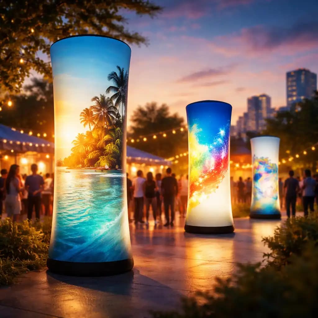 WaveLight Air Towers showcasing 360-degree illuminated branding at a busy trade show