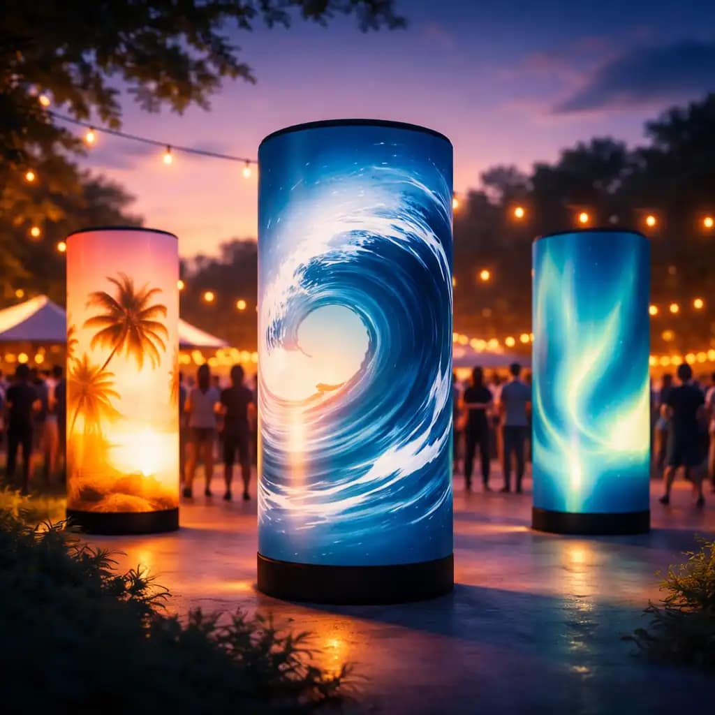 WaveLight Air Towers used as LED inflatable display towers at a busy trade show entrance