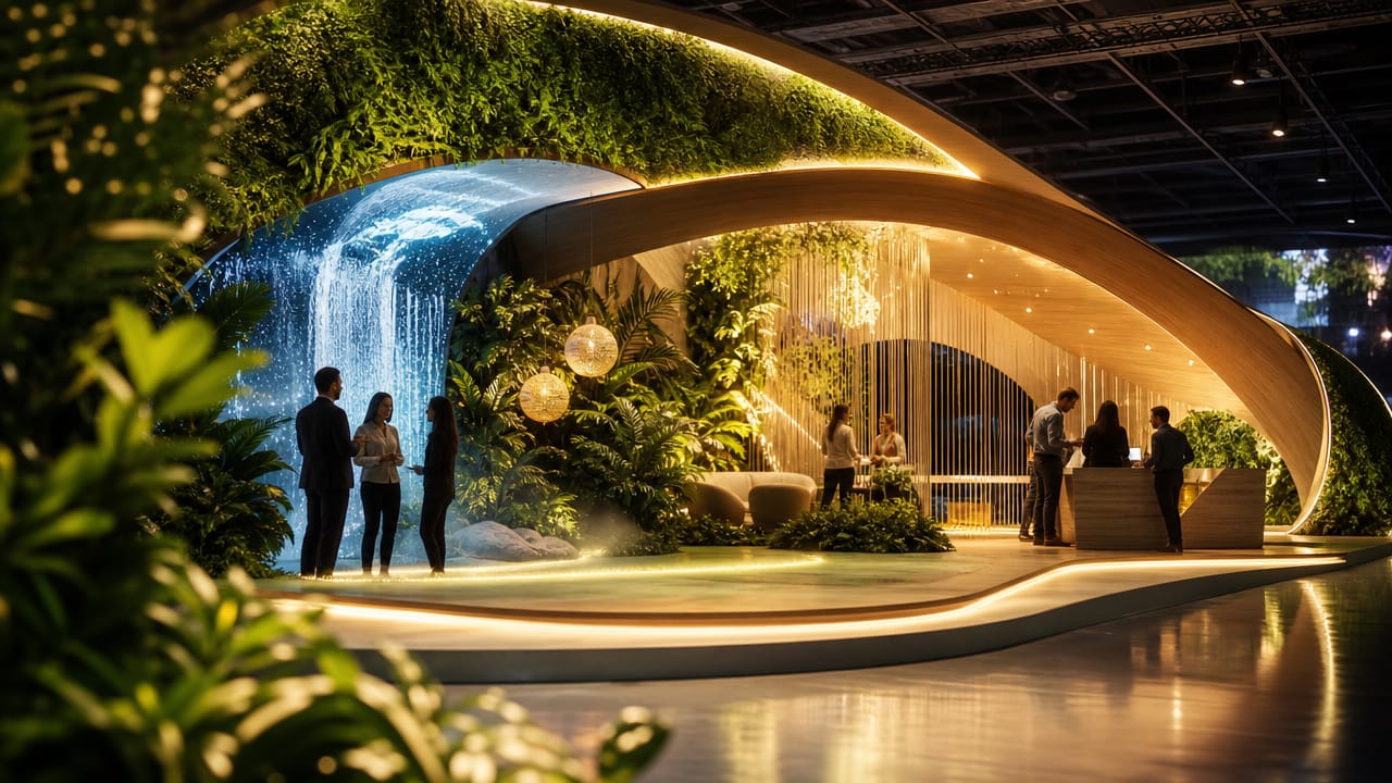 Modern Australian exhibition stand showing innovative booth design ideas to attract visitors with technology and seating