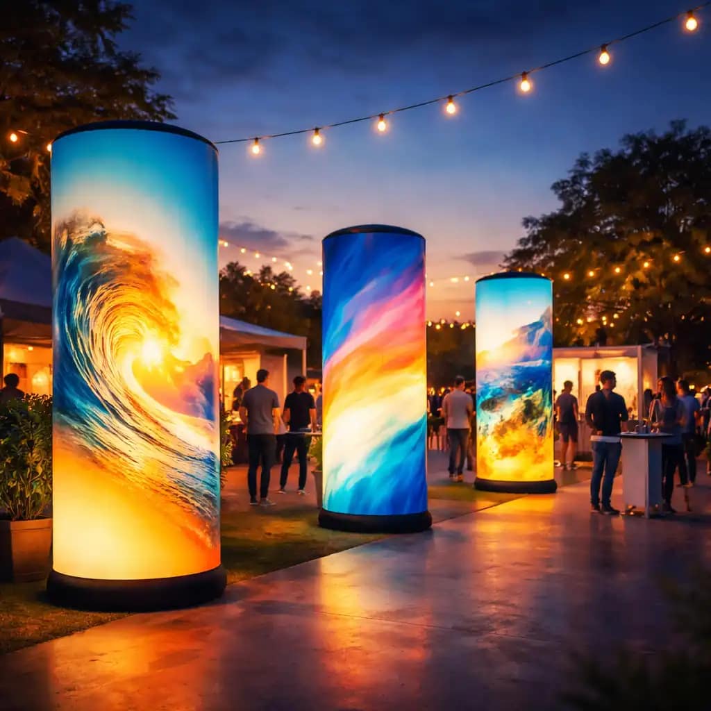 WaveLight Air Towers used as inflatable backlit towers creating 360-degree illuminated branding at a busy trade show