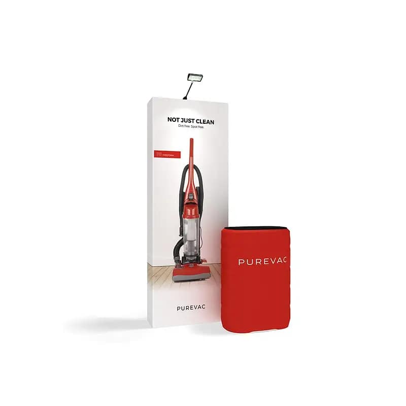 Compact OneFabric® pop-up banner showcasing a vacuum cleaner, ideal for event marketing and portable advertising solutions.