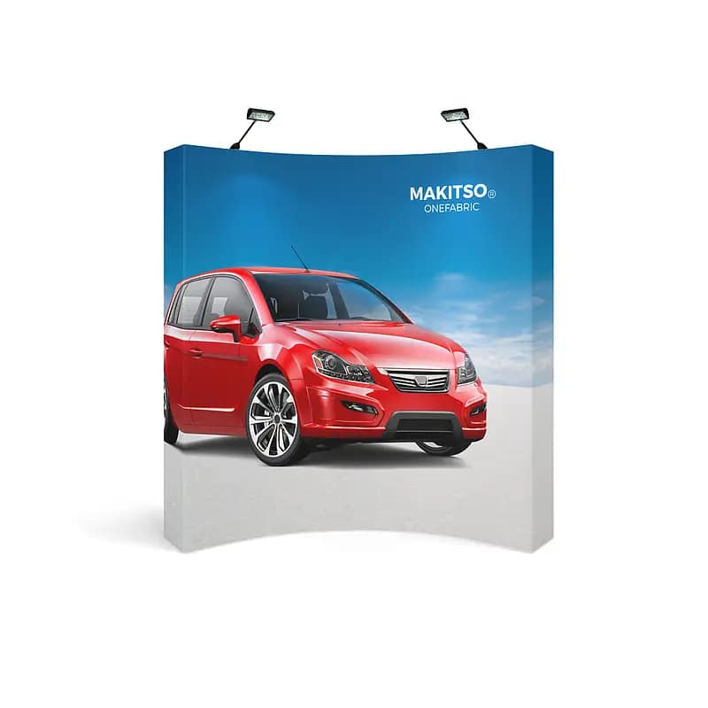 Custom OneFabric® pop-up banner showcasing a vibrant red car, ideal for effective event marketing and portable advertising