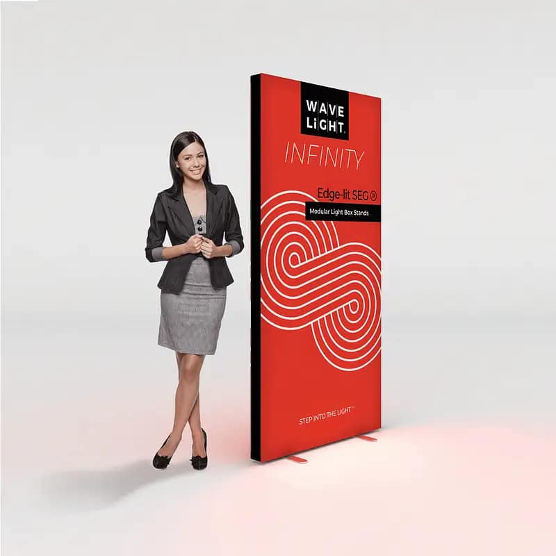 WaveLight® Infinity SEG Lightbox showcases illuminated fabric displays, enhancing brand visibility at events.