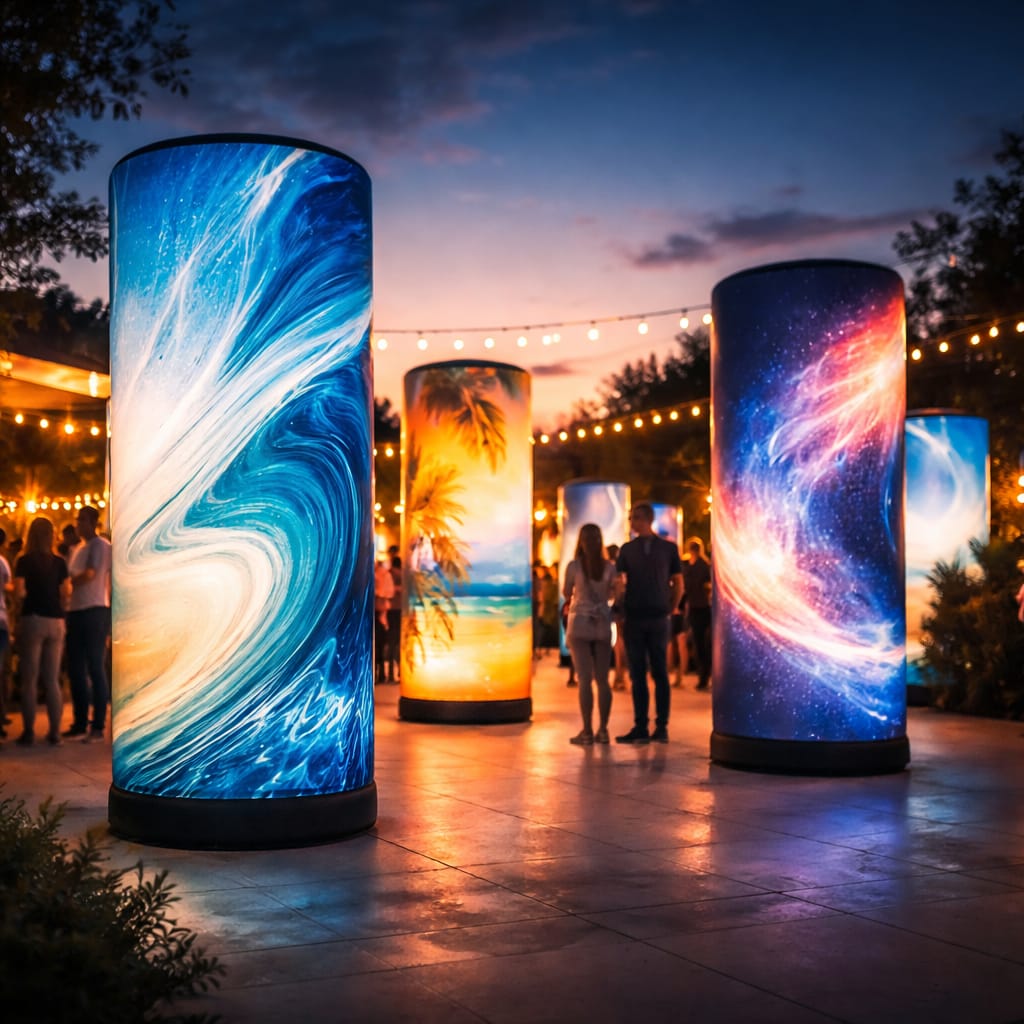 WaveLight Air Towers used as 360-degree glowing event signage to highlight a trade show booth and branding