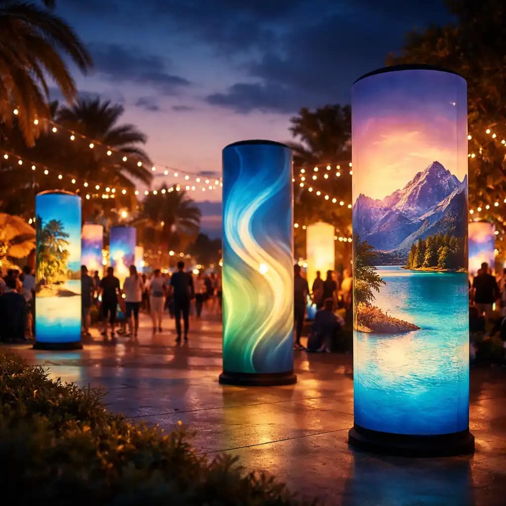 WaveLight Air Towers used as LED-lit event towers to highlight branding in a busy trade show booth