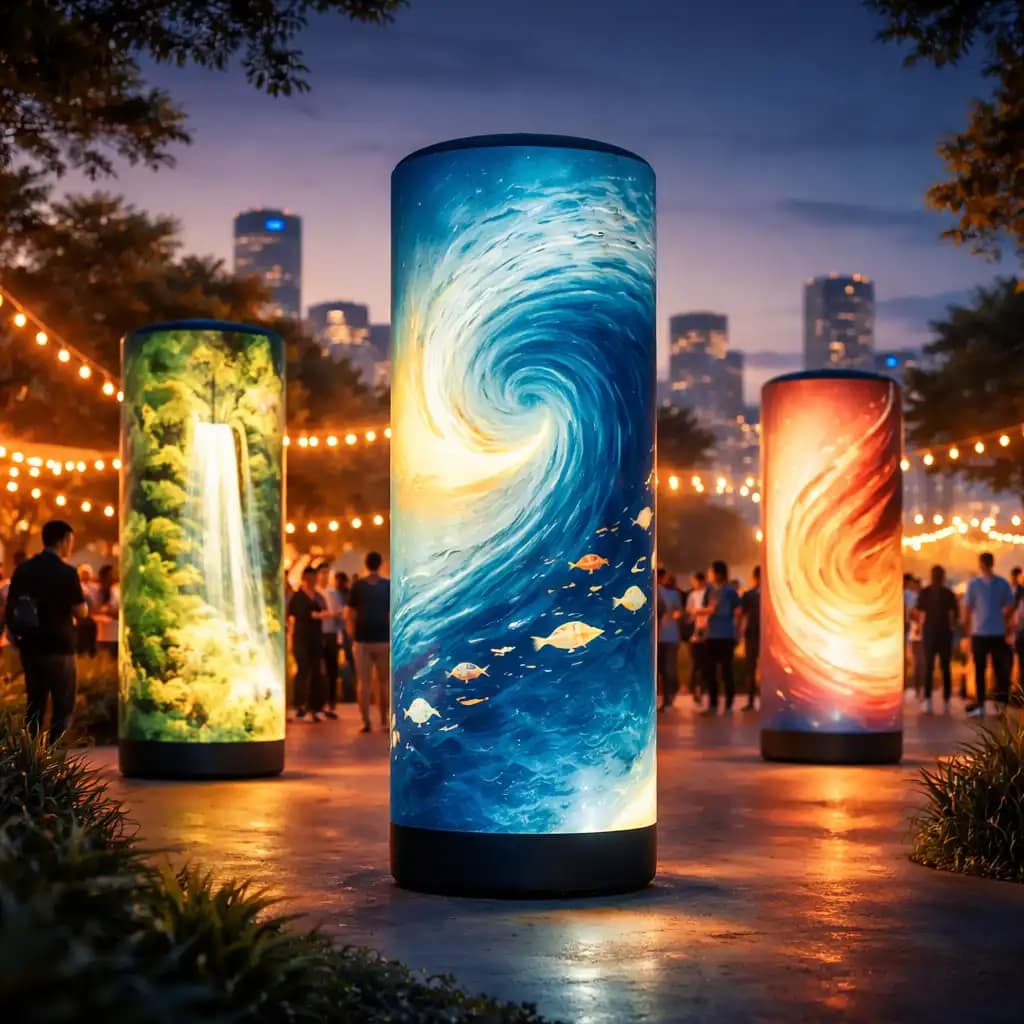 Trade show booth using WaveLight Air Towers as freestanding illuminated tower banners to attract attendees