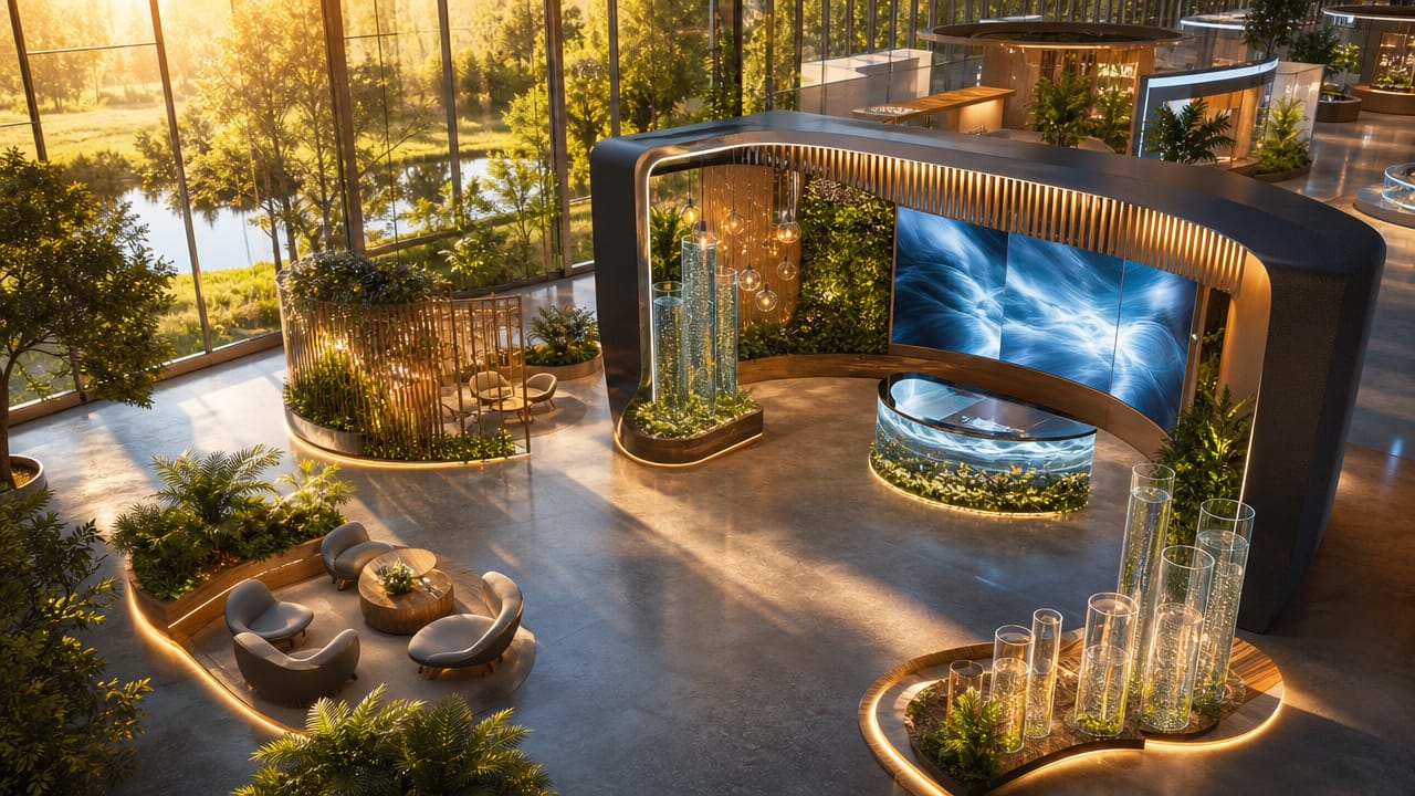 Modern Australian exhibition stand with immersive exhibition lighting design and custom visitor journey