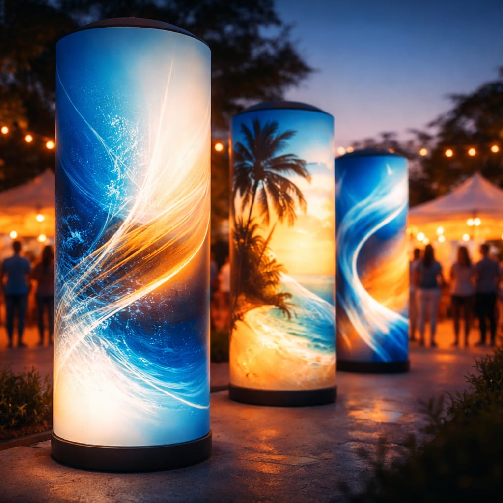 WaveLight Air Towers glowing at a night-time event as premium illuminated inflatable event signage