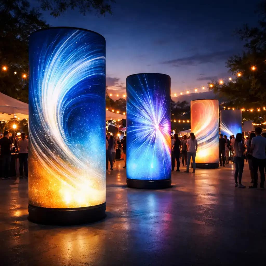 WaveLight Air Towers with illuminated branding as portable illuminated event towers for trade shows