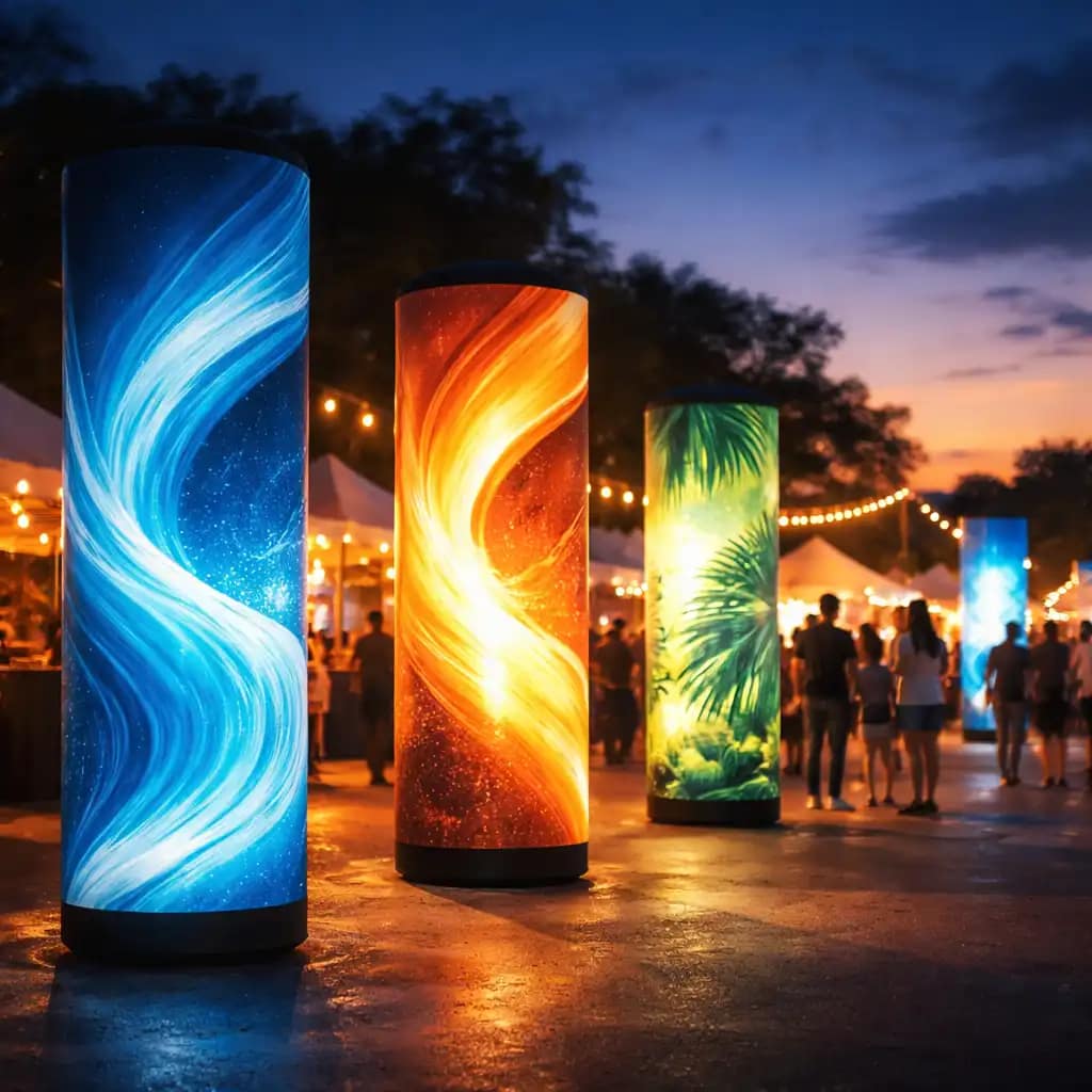 WaveLight Air Towers with branded inflatable tower graphics creating 360-degree illuminated event branding